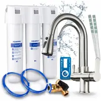 ARI 3-wegs keukenkraan Nordic, roestvrij staal, uittrekbare spoelkraan. Inclusief Aquaphor waterfiltersysteem, 360° draaibaar
