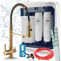 ARI 3-wegs keukenkraan met massieve constructie, messing, uittrekbare spoelkraan. Inclusief Aquaphor Ro-202S Pro waterfiltersysteem