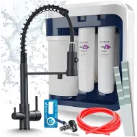 ARI 3-wegs keukenkraan, model Solid Spring, mat zwart, uittrekbare spoelkraan, inclusief Aquaphor Ro-202S Pro waterfiltersysteem