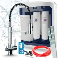 ARI 3-wegs keukenkraan Solid Spring, chroom, uittrekbare spoelkraan. Inclusief Aquaphor Ro-202S Pro waterfiltersysteem