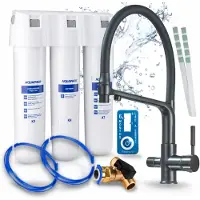 ARI 3-wegs keukenkraan, flexibel, mat zwart, uittrekbare spoelkraan, inclusief Aquaphor Kristall H waterfiltersysteem