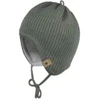 Maximo - Baby's Rippen Fleece Mütze m. Band - Muts 43 cm, grijs/olijfgroen