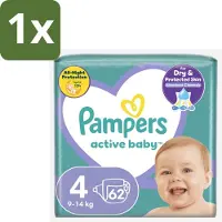 Pampers 1 x – Luiers – Active Baby Maat 4 (9-14 kg) – 62 Luiers - Luiers Voor Baby - Droge Luiers - Superabsorberende Luiers - Anti-lek Luiers - Zachte Luiers