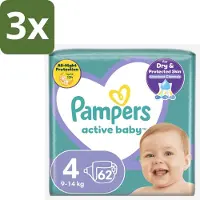 Pampers 3 x – Luiers – Active Baby Maat 4 (9-14 kg) – 62 Luiers - Luiers Voor Baby - Droge Luiers - Superabsorberende Luiers - Anti-lek Luiers - Zachte Luiers