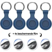 Mix Media Sleutelhangers geschikt voor Apple Airtag - Airtag-sleutelhangers - Siliconen sleutelhangerset geschikt voor Apple Airtag - 4 stuks + 4 x beschermende film - Blauw