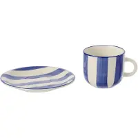 J-Line kopje + schoteltje Gestreept - keramiek - blauw/wit - 6 stuks