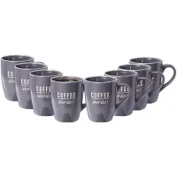 Excellent houseware Siaki koffie kopjes Barista Cafe - 8x stuks - grijs - 340 ml - mokken - keramiek - 10 cm - met koffie thema teksten