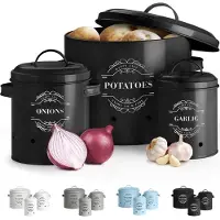 Famanu – Set van 3 metalen voorraadpotten voor uien, knoflook en aardappelen, met ventilatie voor eenvoudige opslag (Zwart