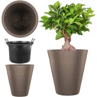 Kadax plantenbak Ø 29,5 x H 32,5 cm, moderne bloembak met binnenpot & geribbeld design, grote plantenpot van kunststof (bruin)