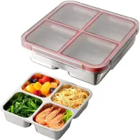 Snq Roestvrijstalen Lunchtray Met 4 Vakken - Lekvrij Deksel - Herbruikbaar - Rood