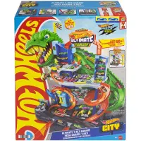 Hot Wheels City Ultieme T-Rex Garage - met 2 speelgoedauto's en opbergruimte voor meer dan 50 auto's