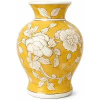 Goods Porseleinen Bloemenvaas – Geel Wit Bloemmotief – Chinoiserie Stijl – Ø 15 × H 18 cm