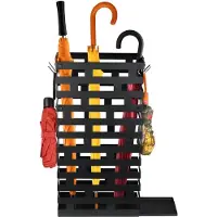 Famanu – Grote metalen paraplustandaard, 30 x 15 x 58 cm, met haak en uitneembare wateropvangbak, zwart