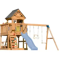Axi Jack Speeltoestel met Dubbele Schommel en Trapeze Bruin – Pastel Blauwe Glijbaan