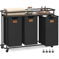Songmics VASAGLE Wasmand met wielen, 3 vakken, 150 l