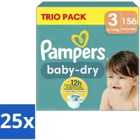 Pampers 25 x – Luiers – Baby-Dry Trio Pack Maat 3 (6-10 kg) – 156 Luiers - Baby Luiers - Droge Luiers - Anti-lek Luiers - Baby Droogheid - Nachtluier