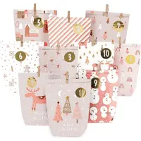 Sonstiges Adventskalender om zelf te vullen, 24 bedrukte papieren zakjes met cijferstickers, roze