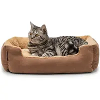 Lionto kattenbed, zacht knuffelbed met een uitneembaar, omkeerbaar kussen en een antislipbodem, gemakkelijk schoon te maken en modern design, 60x48 cm, bruin/beige