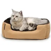 Lionto kattenbed, zacht knuffelbed met een uitneembaar, omkeerbaar kussen en een antislipbodem, gemakkelijk schoon te maken en modern design, 50x37 cm, beige/bruin