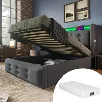 Youjia Boxspringbed 90x200, eenpersoonsbed met LED-hoofdeinde en USB-C oplaadfunctie, hydraulisch bed met lattenbodem van hout en metalen frame, geschikt tot 150 kg