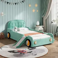 Ulife Avonturen kinderbed met glijbaan en trap, aan beide zijden monteerbaar, comfortabel bekleed bed, speelbed met bescherming – in blauwgroen. Afmetingen: 90x200 cm