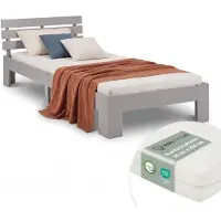 Homestyle4u Eenpersoonsbed - 90x200 cm - Houten bed - met matras en lattenbodem - Grijs