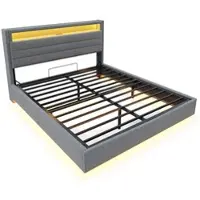 OKWISH Gestoffeerd Bed 140x200 cm – Tweepersoonsbed met Hydraulische Opbergruimte en Zwevend Frame – USB & Meerkleurige LED – Linnen – Grijs – Zonder Matras
