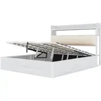 OKWISH Gestoffeerd Bed 180x200 cm - Hydraulisch Opbergbed - Met USB En Hoofdbordvak - Stabiel - Metaal;MDF+Stof - Wit - Zonder matras