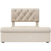 OKWISH Gestoffeerd Bed 90x200 cm - Verstelbaar Hoofdeinde 6 cm - Met 2 Uittrekbare Laden - Knopgestoffeerd Detail - Metaal&Hout - Zonder matras - Beige