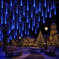 Lapamax Meteorschouw lichtketting, lichtjes die lijken op vallende sterren, kerstverlichting voor tuin, kerstboom, Halloween decoratie, blauw, 30 cm, 192 LED's