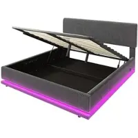 OKWISH Gestoffeerd Bed 140x200cm – Met Led Verlichting En Usb C Oplaadpunten – Verstelbaar Hoofdbord – Met Opbergruimte – Corduroy – Zonder matras – Donkergrijs