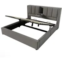 OKWISH Gestoffeerd Bed 140x200cm - Verborgen Bekerhouder & Geïntegreerd Oplaadstation (USB-C) - Hydraulisch met Onderbedopslag - Linnen - met matras - Grijs