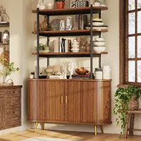 OKWISH Dressoir Met Opbouwrek - Rolluikdeuren En Vier Open Planken - Voor Woonkamer En Eetkamer - MDF Metaal - Donkerbruin 120x40x183 Cm
