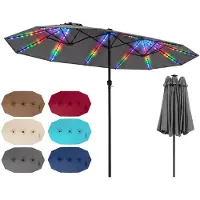 Costway Dubbele parasol, 440x260 cm, terrasparasol met handkurbel, LED-zonne-energieverlichting, 12 lichtmodi en 2 oplaadmogelijkheden, tuinparasol, marktkraamparasol, grijs