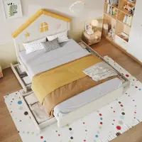 STILVORA Kinderbed 140x200 cm – Huisbed met 4 Lades – Gepoeld Bed met Frans Fluweel – Voor Kinderkamer en Jeugd – Beige – Zonder matras