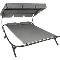 TecTake Ligbed Livorno - 2 personen - Zonnebed - Ligstoel - Met Traploos Verstelbaar Zonnescherm - Weerbestendig XL-Ligbed - Met Wieltjes en 2 Hoofdkussens - Voor Binnen en Buiten - Grijs