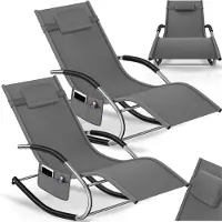 TecTake Ligstoelen Set van 2 - Ergonomische Ligbedden met Schommelfunctie - Relaxstoelen met Hoofdsteun, Armleuningen en Opbergvak - Draagvermogen 150 kg - Grijs