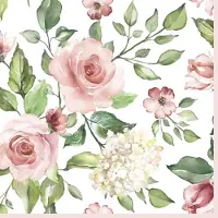 Maki 40 Servetten - Roos - Hortensia - Watercolour Roses with Hydrangea - Op een witte achtergrond - Roze - Groen - 33 x 33 cm - 3-Laags -