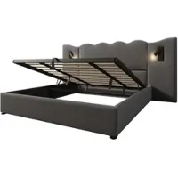 OKWISH Gestoffeerd Bed 180x200cm - Golvend Hoofdeinde met Linnen - Draaibare Leeslamp en USB-C - Hydraulisch Opbergruimte - Grijs - Zonder matras
