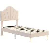 OKWISH Gestoffeerd Bed 90x200cm – Schelpvormig Hoofdbord Verstelbaar – Met Lattenbodem – Zonder matras – Fluweel – Beige