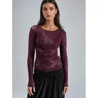 Busem Aangesloten Lange Mouwen Flockprint Tulle Blouse
