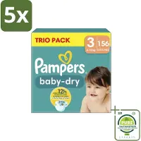 Pampers 5 x – Luiers – Baby-Dry Trio Pack Maat 3 (6-10 kg) – 156 Luiers - Grootverpakking - Baby Luiers - Droge Luiers - Anti-lek Luiers - Baby Droogheid - Nachtluier