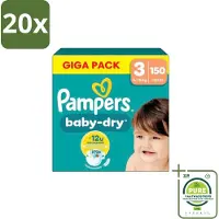 Pampers 20 x – Luiers – Baby Dry Maat 3 – 150 Luiers - Grootverpakking - Baby-dry Luiers - Lekken Voorkomen - Droge Nachten - Comfortabele Luiers - Stop En Bescherm Pocket