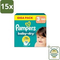 Pampers 15 x – Luiers – Baby Dry Maat 3 – 150 Luiers - Grootverpakking - Baby-dry Luiers - Lekken Voorkomen - Droge Nachten - Comfortabele Luiers - Stop En Bescherm Pocket