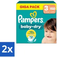 Pampers 2 x – Luiers – Baby Dry Maat 3 – 150 Luiers - Baby-dry Luiers - Lekken Voorkomen - Droge Nachten - Comfortabele Luiers - Stop En Bescherm Pocket