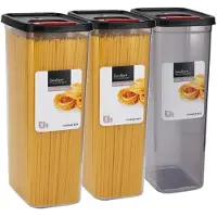 Excellent houseware Voedselcontainer hoge strooibus - 3x - transparant/zwart - 3100 ml - kunststof - 16 x 11 x 28 cm