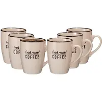 Excellent houseware Siaki koffie kopjes Barista Cafe - 6x stuks - beige - 340 ml - mokken - keramiek - 10 cm - met koffie thema teksten
