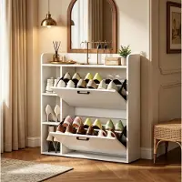 STILVORA Schoenenkast - 2 Klapdeuren En 3 Open Vakken - Voor 15 Paar Schoenen - Wit - Spaanplaat - 83 X 24 X 90,5 Cm