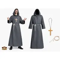 Partychimp 3-Delig Monnik Tuniek/Touw & Kruis kostuum volwassenen Verkleedkleren Heren Carnavalskleding Halloween - grijs- Polyester - Maat M/L