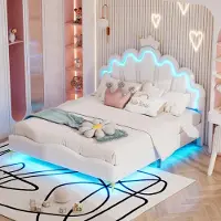 Ulife Kinderbed met kroonmotief, LED-verlichting, Polyurethanbekleding, prinsessenontwerp, laag bed, zonder matras, wit, 140 x 200 cm